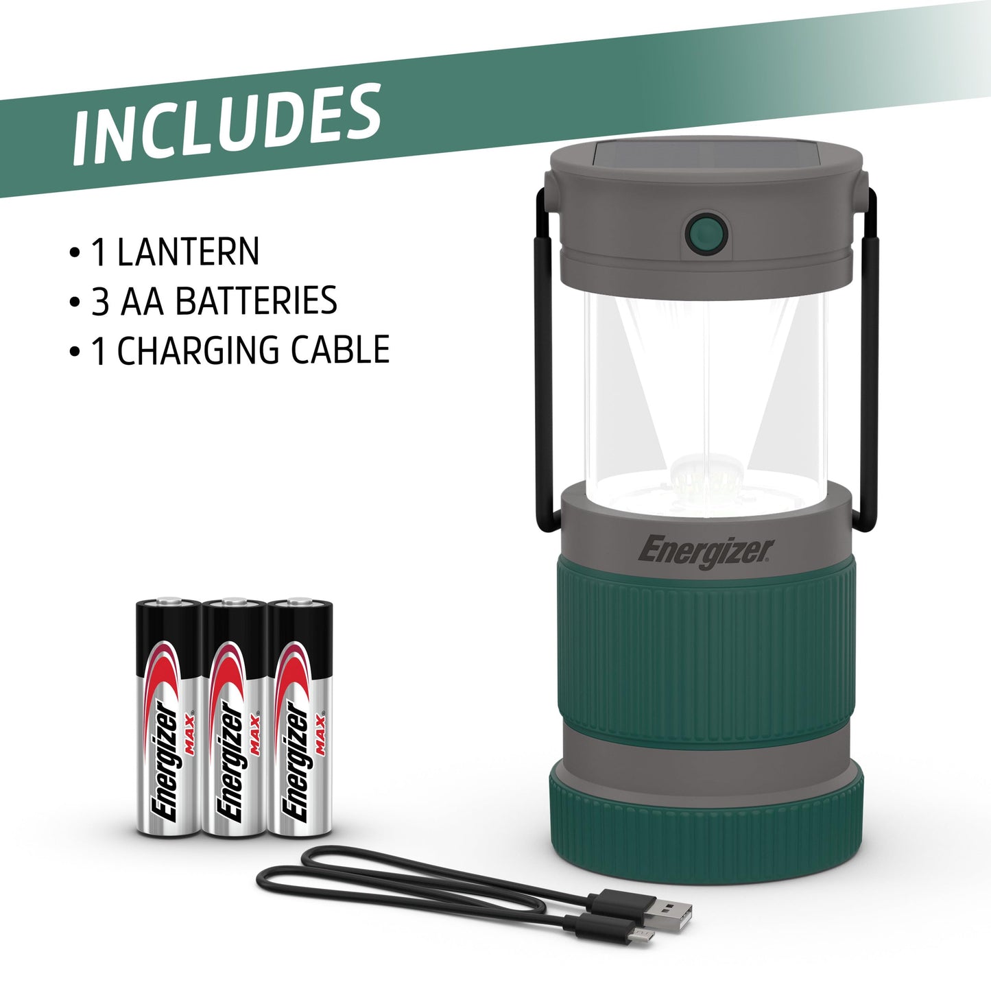 Energizer S-500 Hybrid Power Camping Lantern, Solar, Rechargeable, or AA Battery Powered, IPX4 Water Resistant Bright LED Lantern