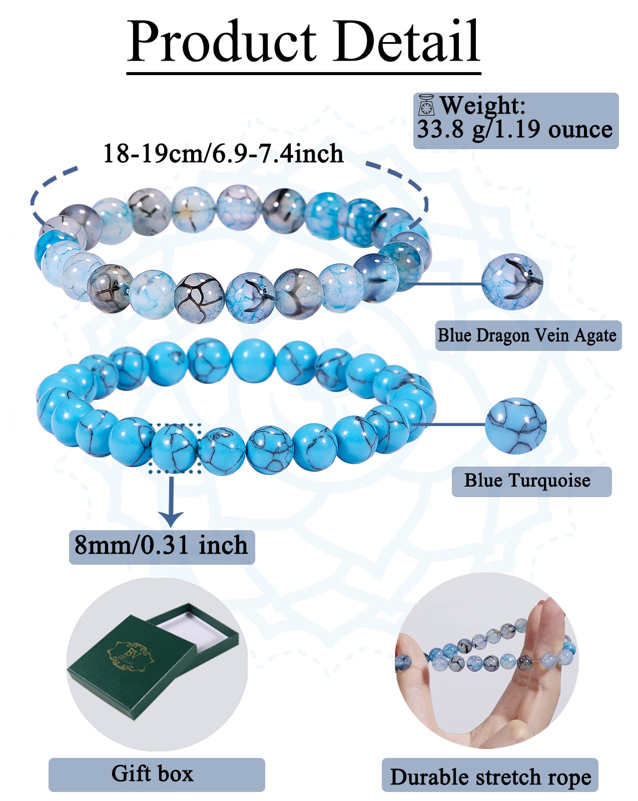 Bivei Natural Gemstone Semi Precious Crystals Handmade Stretchy Round Beads Bracelet, Stocking Stuffers for Women(Blue Dragon Vein Agate & Turquoise (Strength & Protection) Medium)
