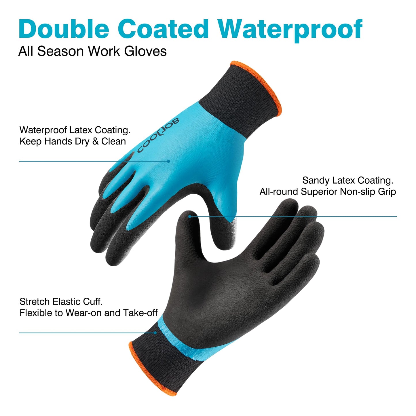COOLJOB Waterproof Gardening Work Gloves with grip for Women & Men, Double Rubber Coated for Garden Yard Outdoor Construction Worker, Blue Medium Size 2 Pairs