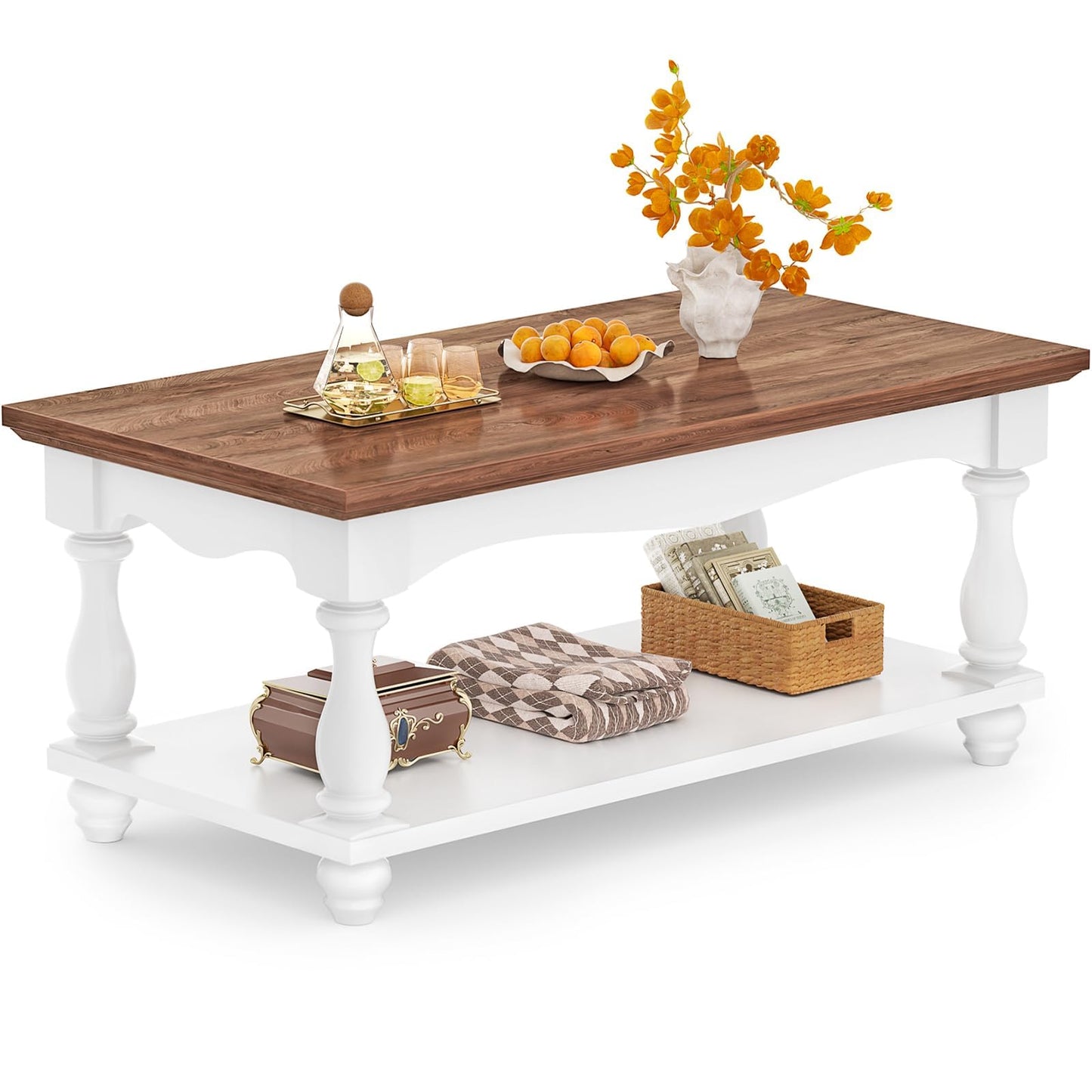 Besiost Farmhouse Coffee Table with Storage, 47" Mid Century Coffee Tables for Living Room, Modern 2-Tier Rectangle Coffee Table with Solid Wood Legs, Vintage Living Room Tables, Rustic Brown
