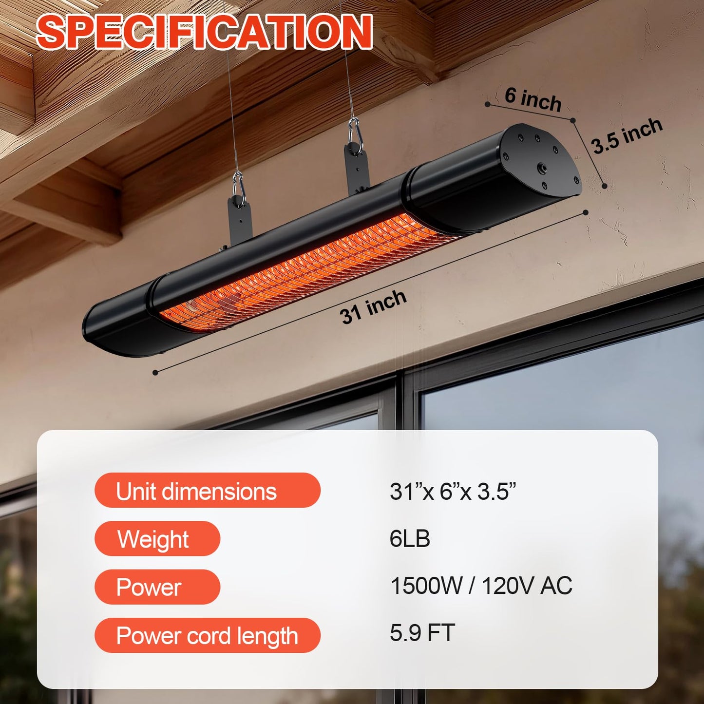 Electric Hanging Patio Heater with remote control, built in Temperature Control, Wall mounted or ceiling mounted, Suit for Outdoor, 1500W, Black