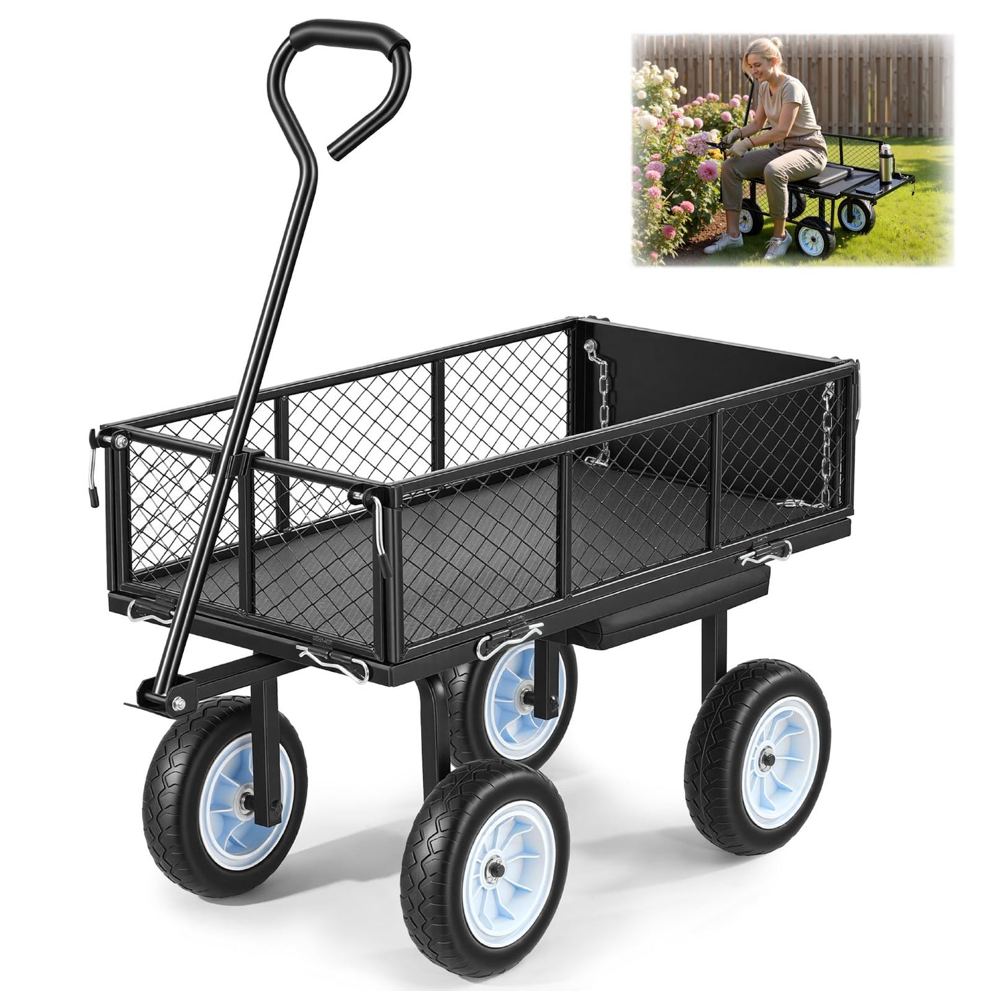 VEVOR 500 LBS Steel Garden Cart with Work Seat, Heavy Duty Garden Wagon Cart on Wheels, Outdoor Metal Utility Yard Wagon Gardening Stool with 10inch Flat Free Tires, Tool Tray & Adjustable Handle