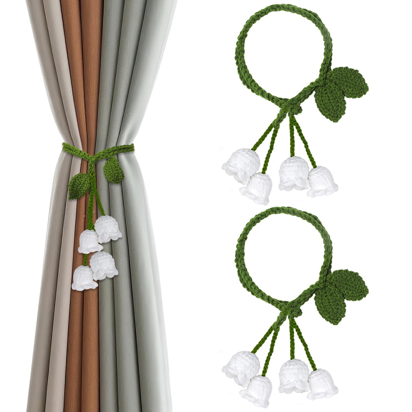 OCIOLI 2 Pack Boho Handmade Flower Curtain Tiebacks Curtain Holdbacks - No Drill Rope Curtain Holder, Drapery Holdback Decorative Pull Backs for Nursery & Bedroom Decor (2, Lily of The Valley)