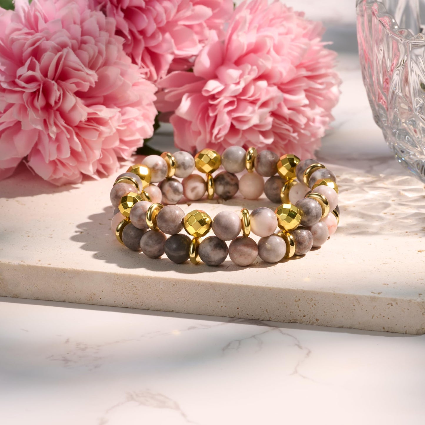 Bivei Natural Gemstone Semi Precious Crystals Handmade Stretchy Round Beads Bracelet, Enhance Positive Energy,Stocking Stuffers for Women(Gold Tone Pink Jasper & Sakura Agate(Love) Medium)