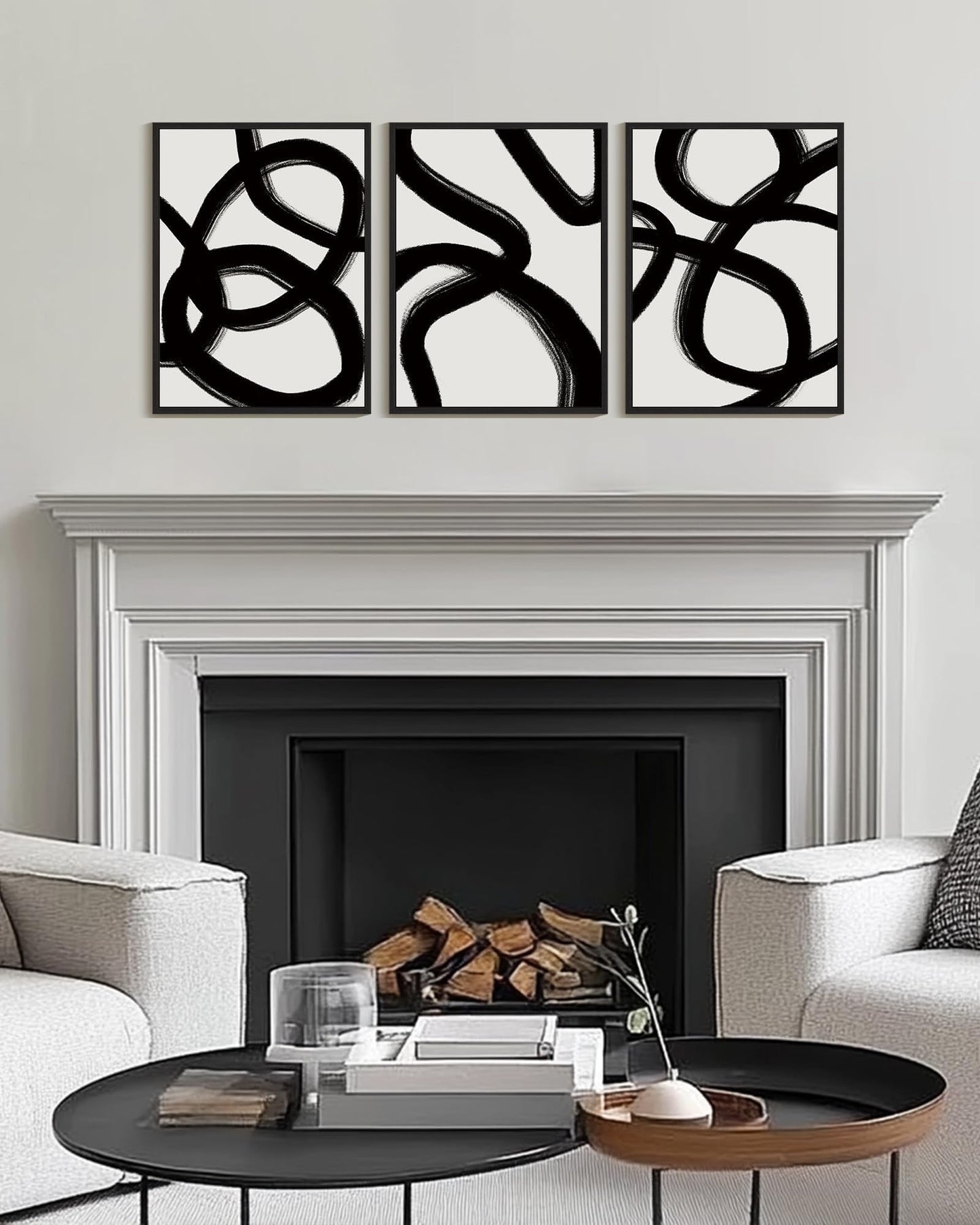 KUVIOKE Black and Grey Abstract Framed Wall Art Ink Wash Minimalist Lines Painting Artwork for Bedroom Hallway 12x16in (Black Framed)