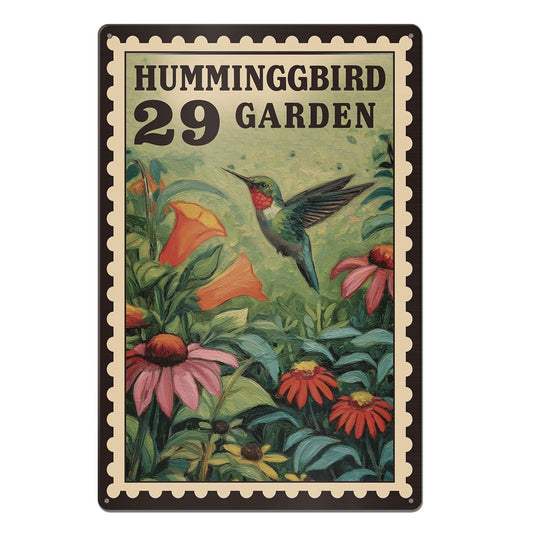 Hummingbird Tin Sign Vintage Hummingbird Garden Wall Art Decor Flower Spring Metal Poster for Outdoor Patio Garden Yard Decor, 8x12 Inch