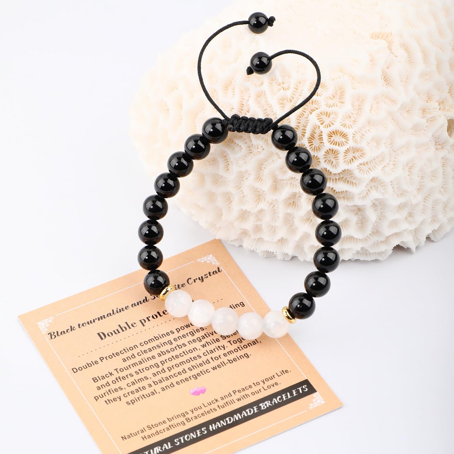 AD Beads 8mm Black tourmaline + Selenite Crystal - Double protection - Handmade Natural Stone Crystal Bracelet with Adjustable Macrame String - Yoga Healing Power Energy Gifts for Men and Women