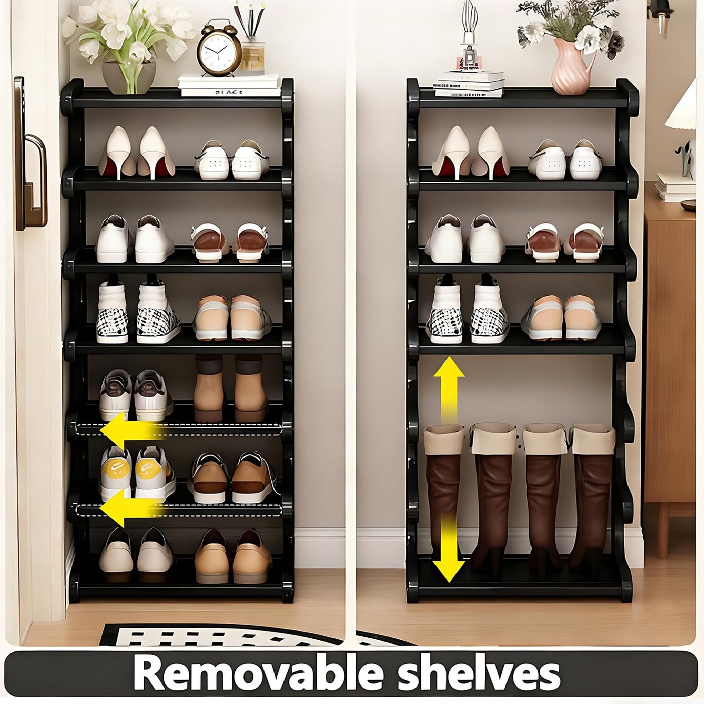 39" Bamboo Shoe Rack - Vertical Shoe Organizer Rack for Small Space, Narrow Shoe Tower for Closet, Entryway, Corner, Tall Shoe Shelf with Removable Shelves, Flexible Storage Shelf for Saving Space