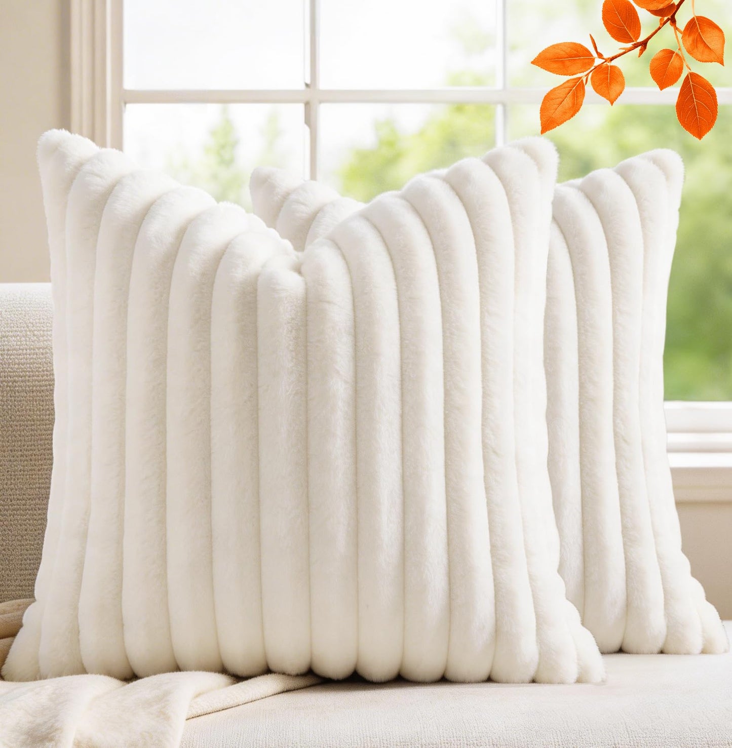MEGAYES Set of 2 Decorative Throw Pillow Covers 18x18 Faux Fur, Soft Plush Striped Square Couch Cushion Cases with Velvet Back for Sofa Bed Living Room Modern Farmhouse Boho Euro, Neutral White