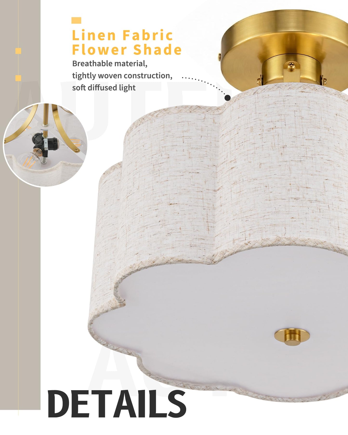 AUTELO 12.6 Inch Semi Flush Mount Ceiling Light,3-Light Brushed Gold Modern Ceiling Light with Flower-Shaped White Fabric, Kitchen Ceiling Light for Bedroom Hallway, C2507 BGS-8