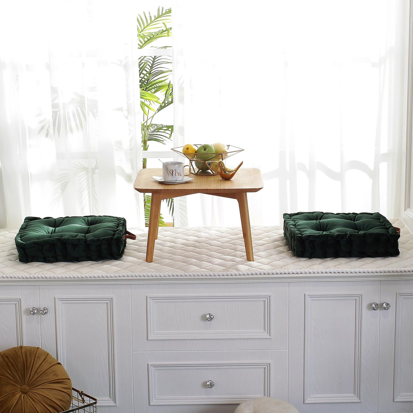 vctops Square Solid Color Velvet Seat Cushion with Handle Tufted Thicken Chair Pad Tatami Floor Pillow Cushion 16.5"x16.5"x4" Green