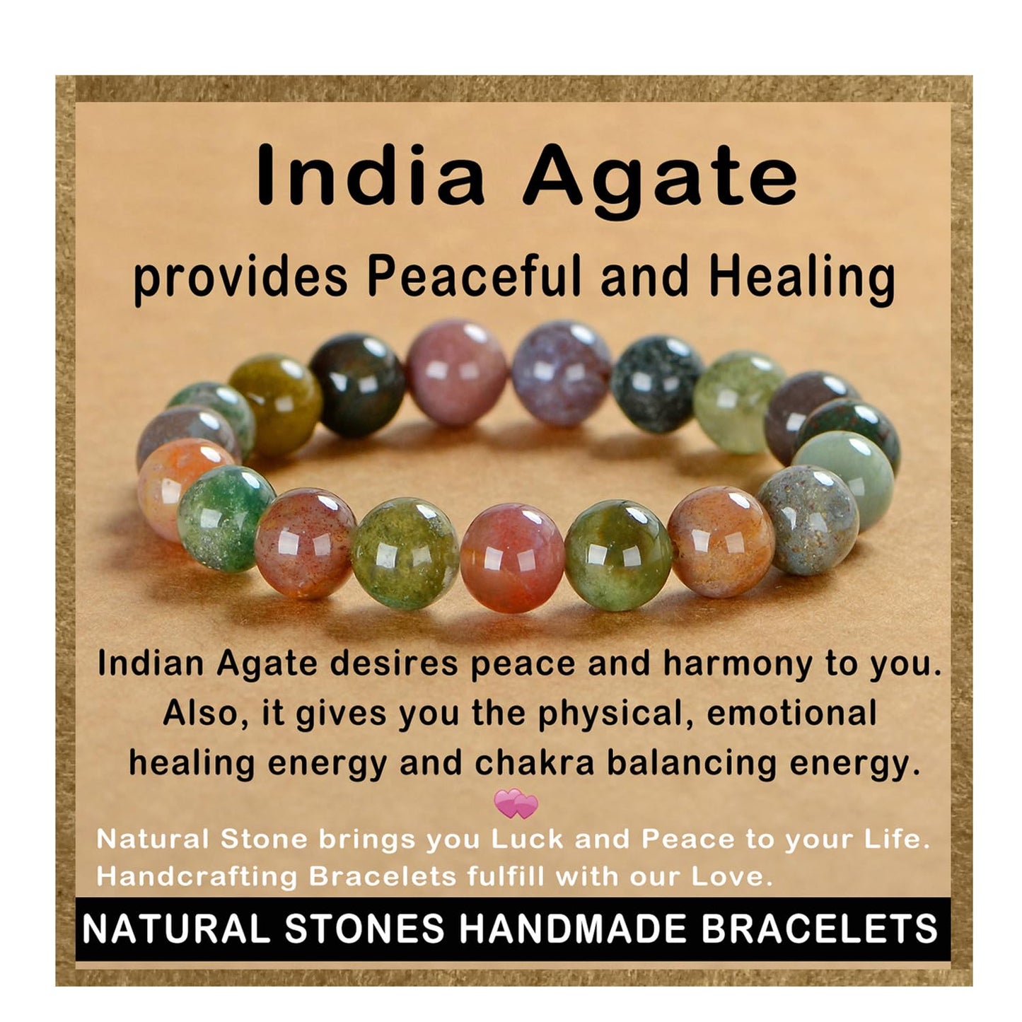 AD Beads Handmade Gemstone Stretch Elastic Bracelet Crystal Healing Reiki Nature's Beauty and Spiritual Essence Unisex (10mm, Indian Agate)