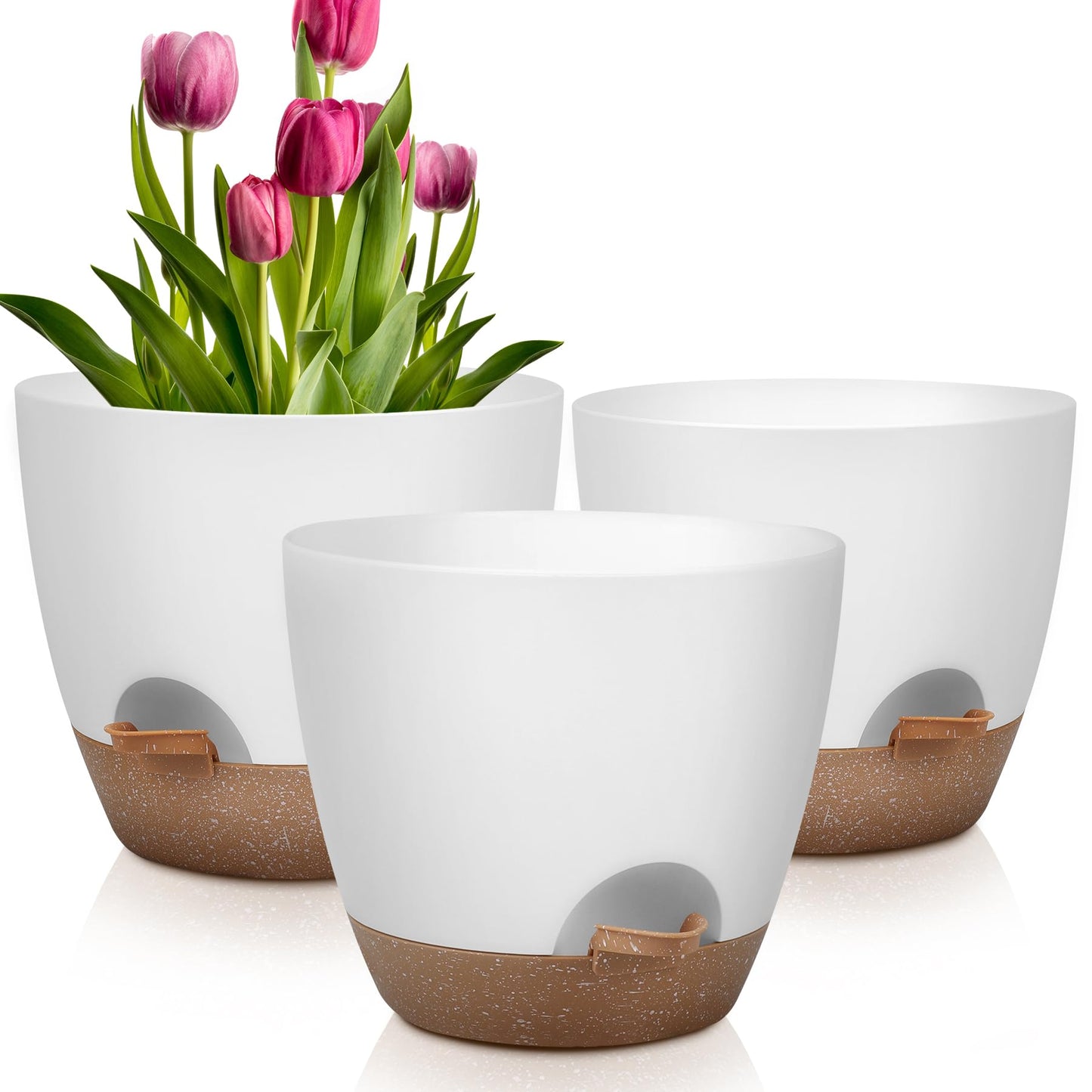 Plant Pots 12/10/9 Inch Self Watering Pots, Set of 3 Plastic Planters with Drainage Holes and Saucers,Plastic Flower Pots,Nursery Planting Pot for Indoor Out Door Plants(White)