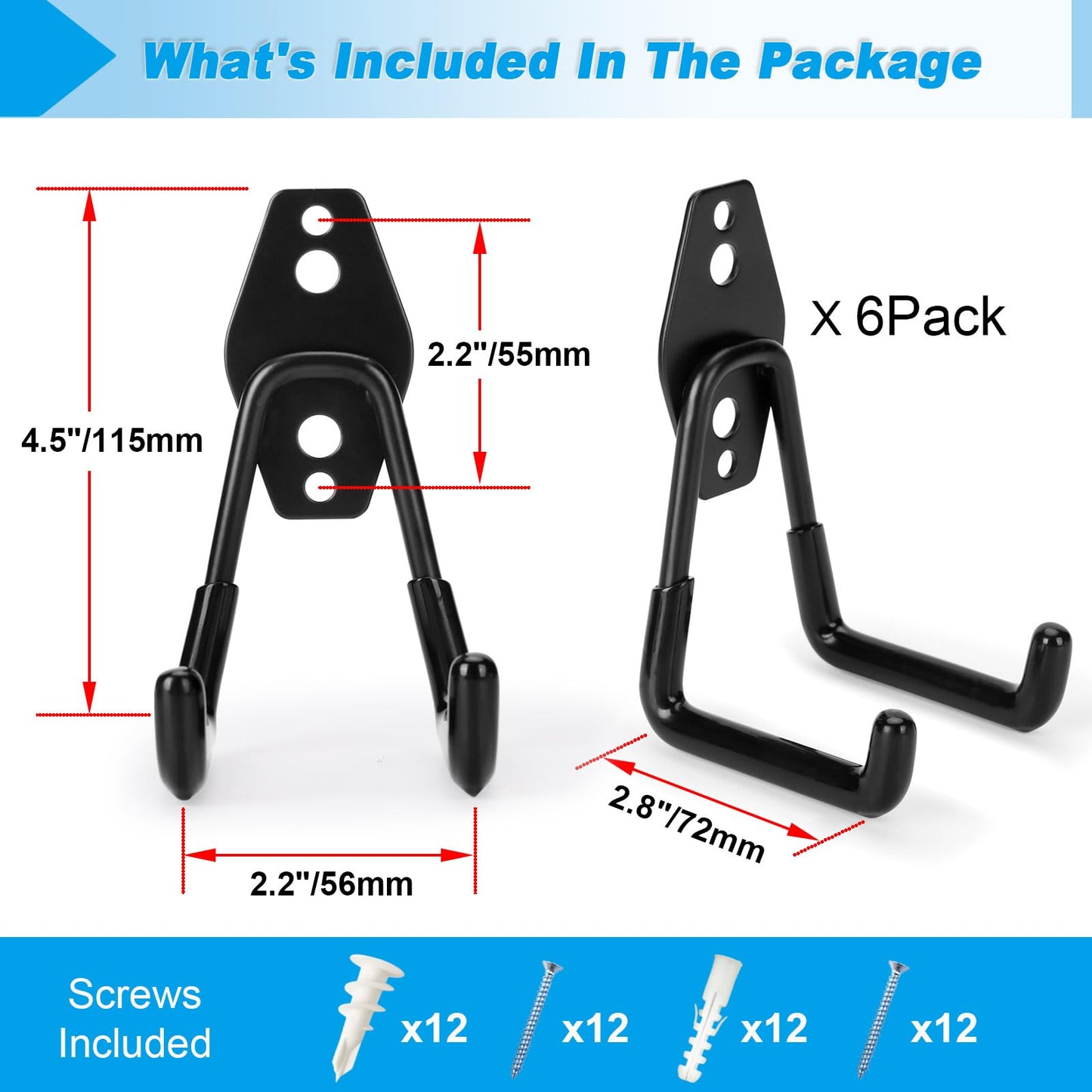 Suprom 6 Pack Garage Hooks Heavy Duty - Supports 100 lbs, Utility Steel Garage Hanger & Organizer for Organizing Garden Lawn Tools, Ladders, Garden Hose, Digging Shovel, Bikes, Ropes