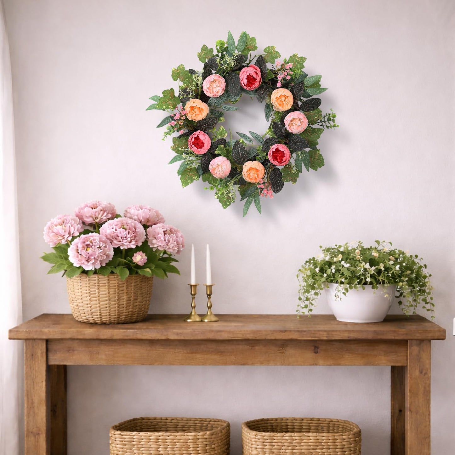 20" Peony Wreath for Front Door – Spring Summer Artificial Pink Peony Floral Wreath for Wall, Window, and Wedding Decor