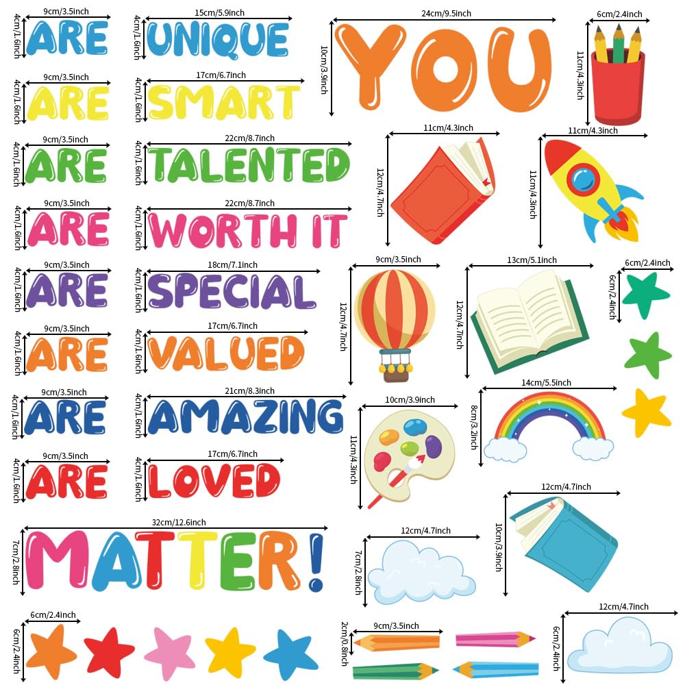 Kids Affirmation Wall Decals, Positive Motivational Wall Stickers “You are Unique Smart Talented Loved”, Peel and Stick Vinyl Decor for Kids Room, Classroom, Playroom, Nursery