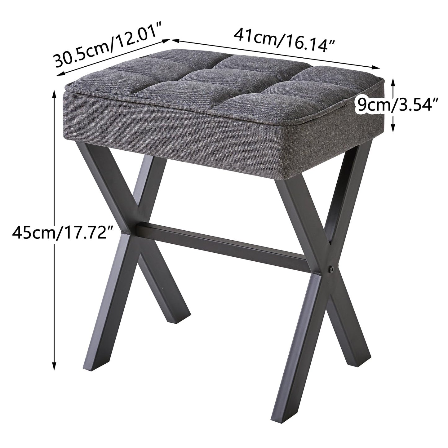 IBUYKE Square Makeup Stool with X-Leg Foot Rest, Linen Footrest, Ottoman Seat, Multi-Use as Small Side Table, for Bedroom, Living Room, Dark Gray LG-70G