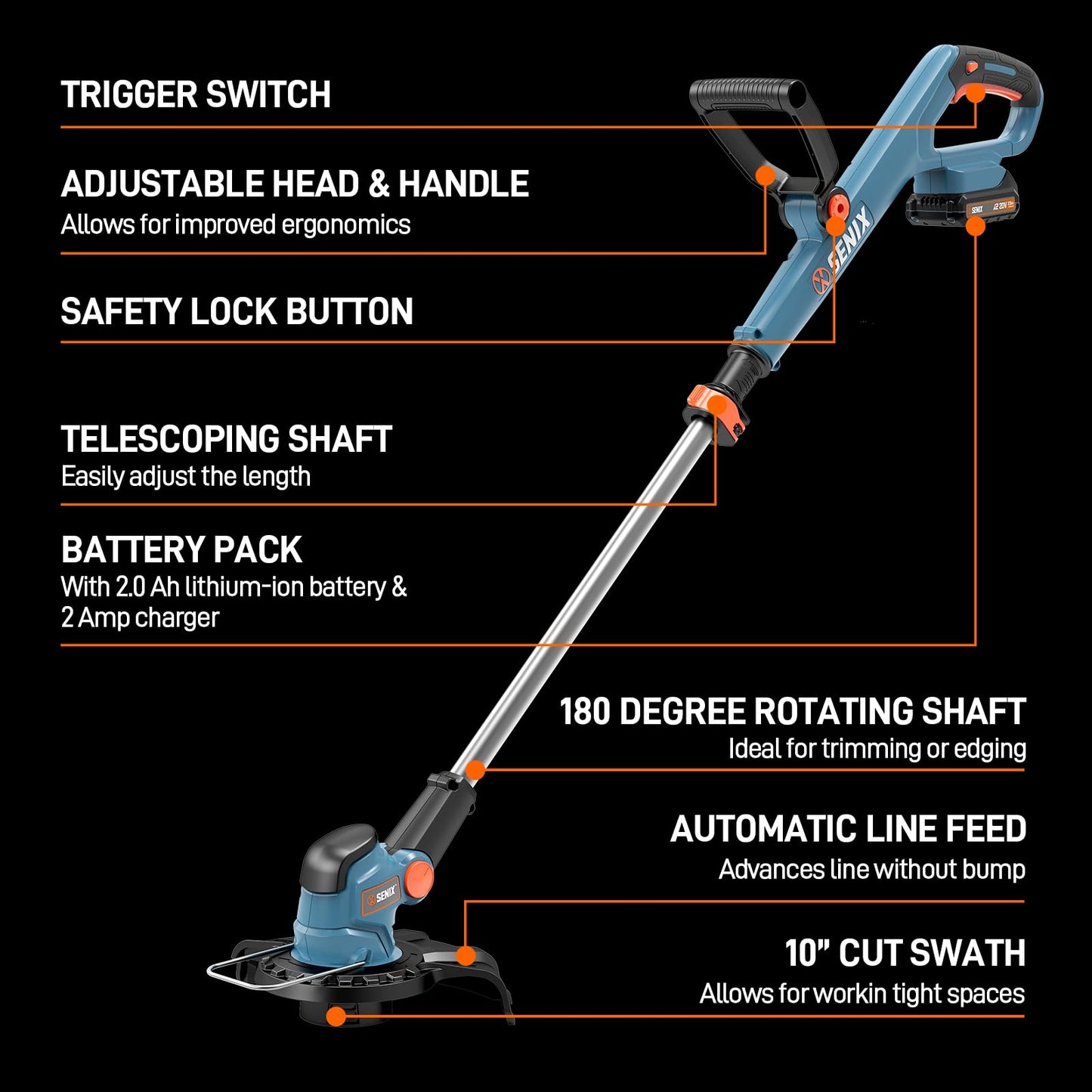 SENIX X2 20 Volt Max* 3-Piece Cordless Power Tool Combo Kit with Battery Powered 10" String Trimmer, Variable Speed Leaf Blower, 21" Hedge Trimmer, Includes 2 Batteries & Battery Charger (S2K3B2-01)
