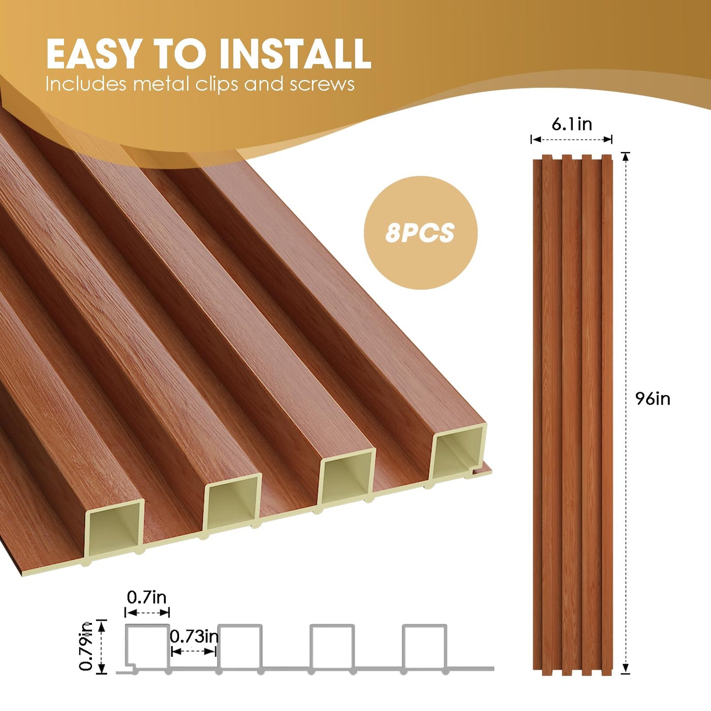 OUZUGIE WPC Acoustic Slat Wall Paneling, 8-Pack 96 x 6 Inches 3D Wall Panels for Interior Wall Decor,Living Room,TV Background,Study Room,Office Spaces,Bedroom,High Grille (Teak)