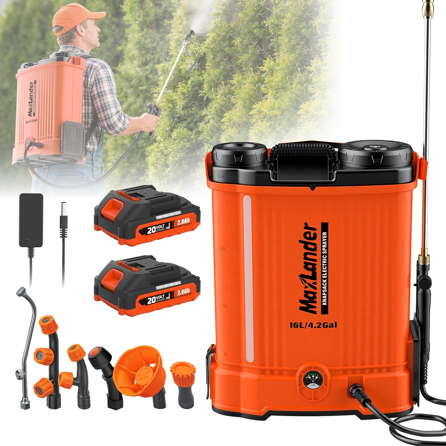 Maxlander Battery Powered Backpack Sprayer 4.2 Gallon, Electric Graden Sprayer Works with 2 x 20V 2.0Ah Battery, 90 PSI Adjustable Pressure Sprayer with 6 Spray Nozzles