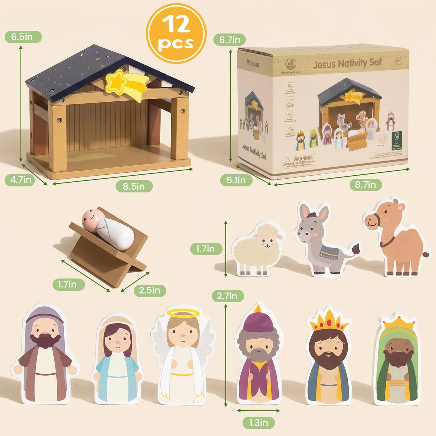WOODENFUN Toy Nativity Set for Kids，Wooden Christmas Nativity Scene Miniature Holy Family Figurines Gifts for Children Boys Girls 3+ Years Old