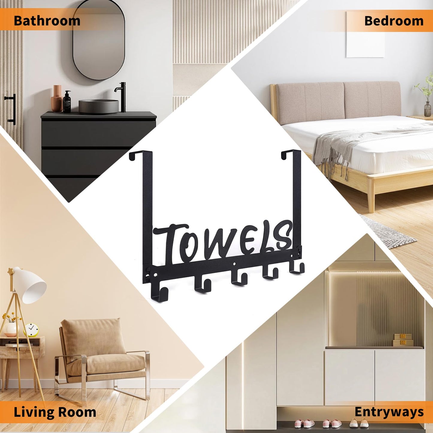 Gohiuo Over The Door Hook, Towel Holder Towel Hook for Bathroom, Towel Hanger Door Rack with 5 Coat Hooks, Over The Door Hanger Towel Rack for Bathroom, Bedroom Towels Coats, Black