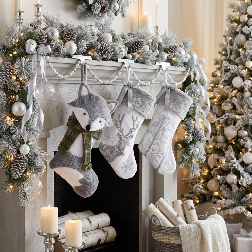Valery Madelyn Christmas Stockings Decorations, 21 Inch Fabric Fox Silver Exquisite Plush Personalized Fireplace Pet Hanging Ornament for Holiday Xmas Party Decor