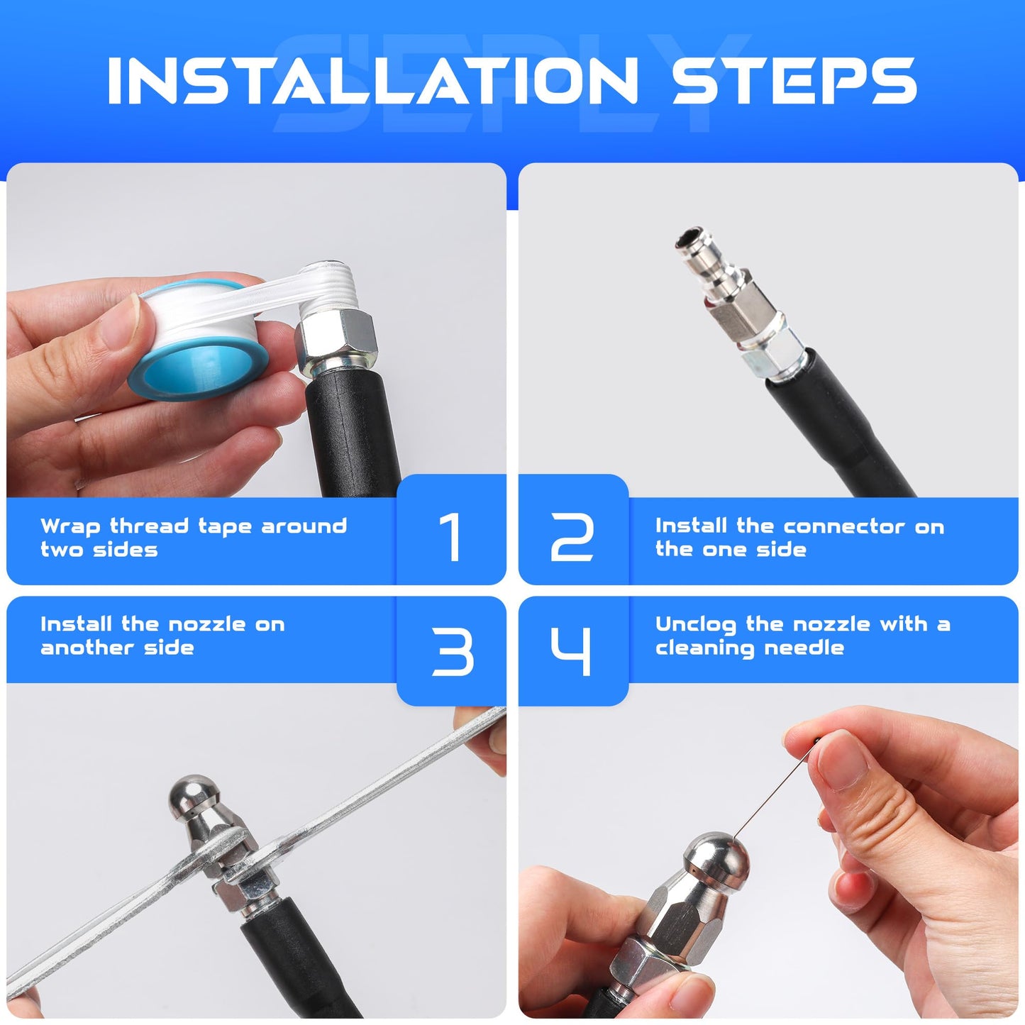 Sewer Jetter Kit for Pressure Washer 50 FT, Drain Cleaner Hose with Power Washer Gun, 1/4 Inch NPT Corner, Rotating and Button Nose Sewer Jetting Nozzle,Waterproof Tape, Pearl Corsage Pin, Spanner
