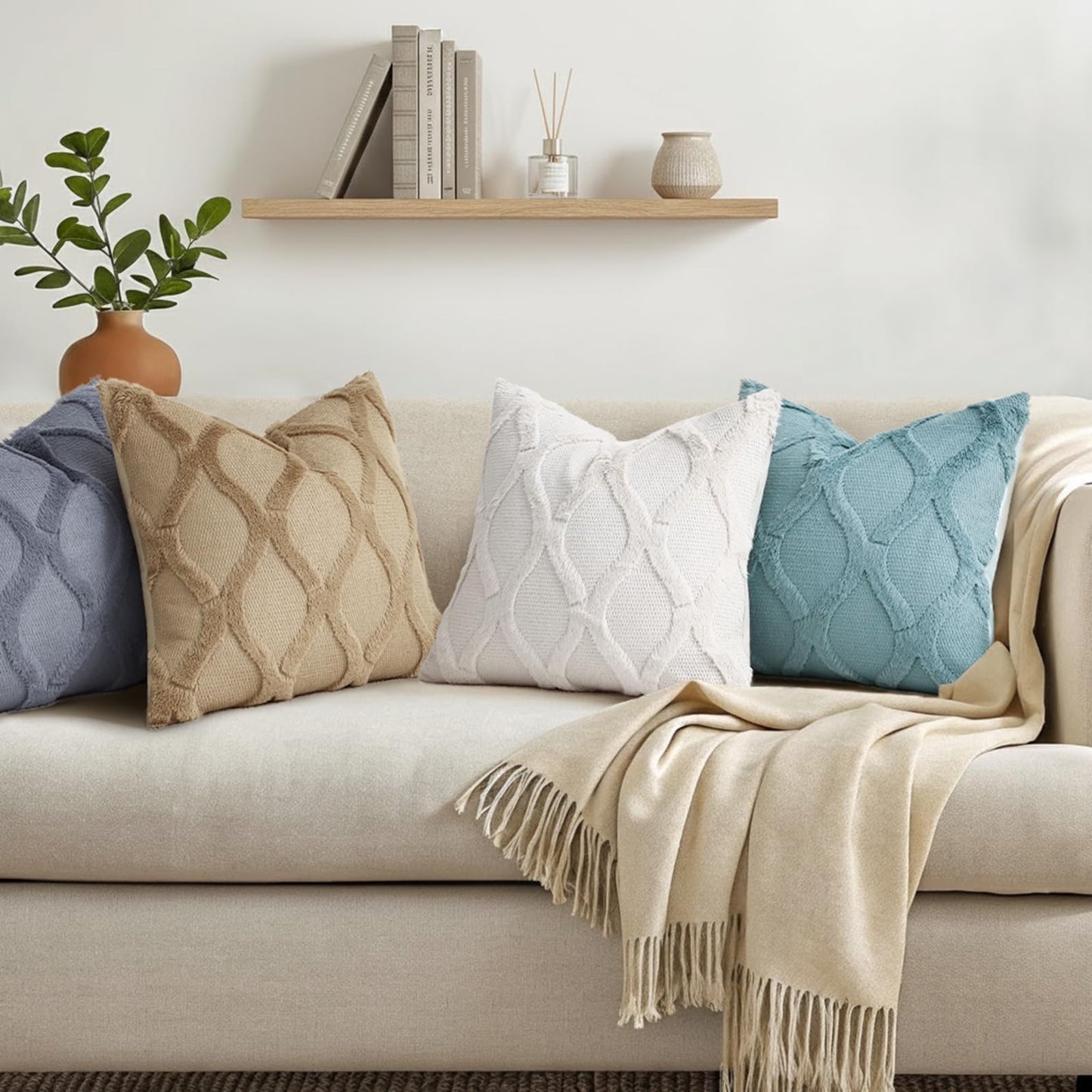 decorUhome Summer Throw Pillow Covers 18x18 Inch Set of 2, Soft Plush Faux Fur Wool Cream White Accent Couch Pillow Covers for Modern Farmhouse Bed Sofa Living Room