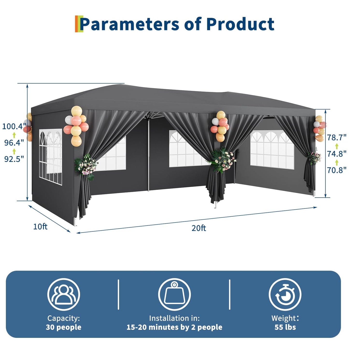 10x20 Pop Up Canopy Tent with 6 Removable Sidewalls, Heavy Duty Easy Up Commercial Party Tent with 3 Adjustable Heights, Waterproof Outdoor Canopy for Events, Wedding & Market, Includes 18 Stakes and