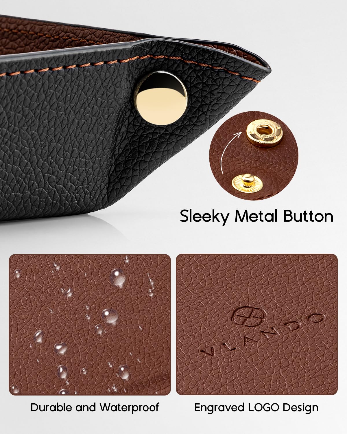 VLANDO Valet Tray for Men Women, Nightstand Organizer Vanity Catchall Holder for Dresser Desk Storage Bedside, Travel PU Leather Jewelry Key Bowl Coin Watches and Candy Entryway Tray - Large, Brown