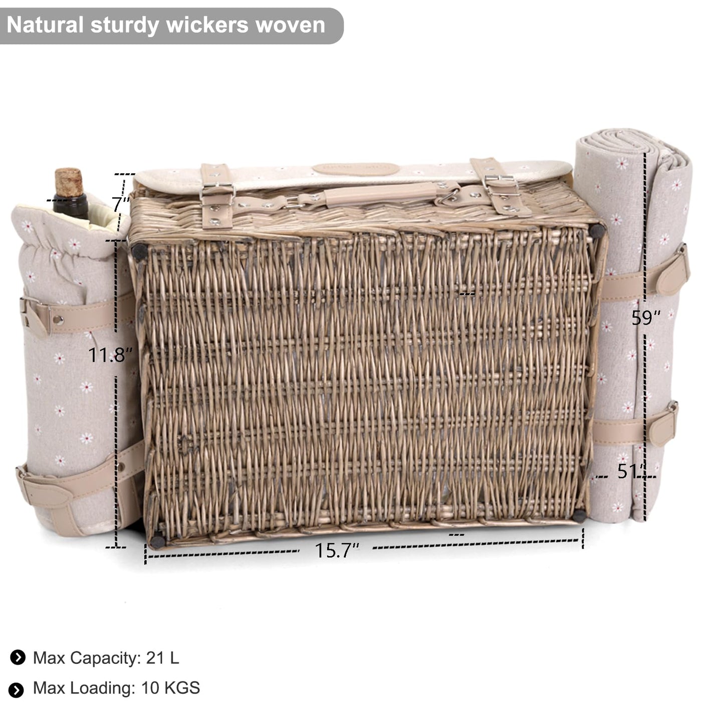 Multifunctional Wicker Picnic Basket Set for 2 with Blanket and Picnic Table, Insulated Picnic Set with Full Tablewares for Camping Outdoor Couples, Flowers