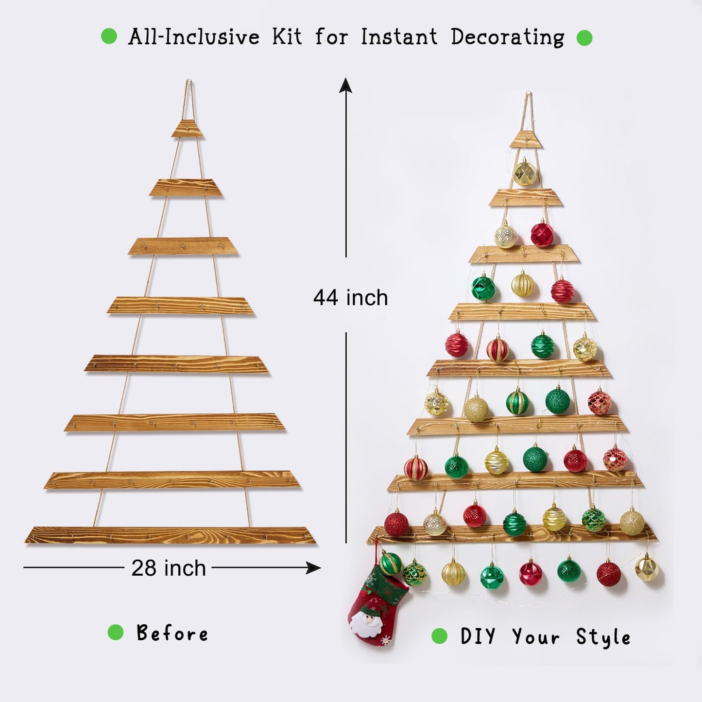 SOONOW 44" Wall Hanging Christmas Tree with Remote LED Lights and 36 Ornaments, Lighted Wood Christmas Tree for Living Room, Bedroom Holiday Wall Decor