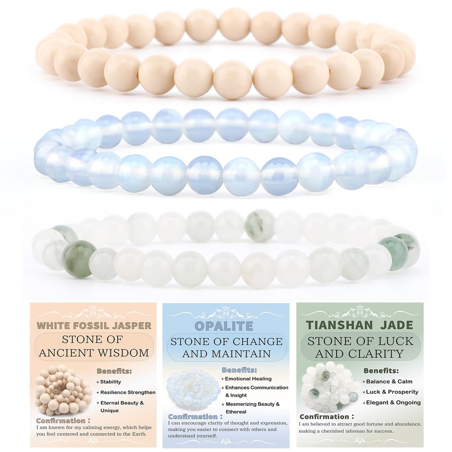 NCB 3-Piece 6mm Natural Crystal Gemstone Stretch Bracelets – ﻿Opalite, Tianshan Jade, White Fossil Jasper Handmade Reiki Energy Healing Jewelry for Meditation,Yoga, Unisex