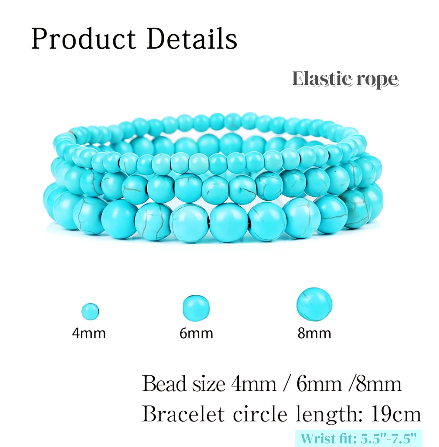 CINSKYING 3Pcs Healing Crystal Turquoise Bracelets for Women Men 8mm 6mm 4mm Natural Stone Beaded Stretch Bracelet Jewelry Gifts for Women Girl (T1-Turquoise)