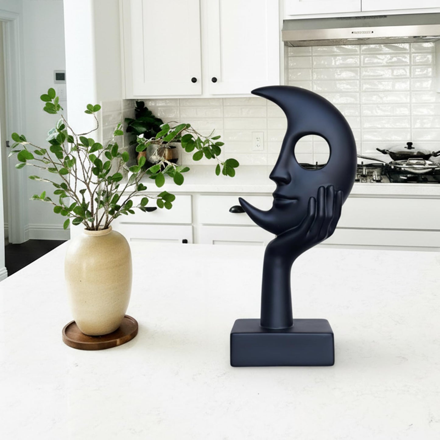 Lodkksg Thinker Statue, Abstract Moon face Black Sculpture, Modern Home Decor Ornament, Suitable for Office, TV Cabinet, Desk, Study, Fireplace Mantel, Resin Statue (Black)