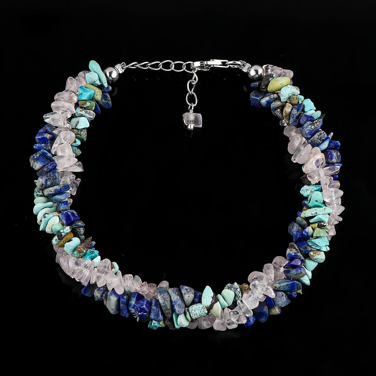 CRYSTALIS Natural Turquoise & Lapis Lazuli & Rose Quartz Beads Braided Rope Crystals Bracelet, Chips Nugget Beaded Gemstones, Chakra Healing Stones, Womens Jewelry, 925 Sterling Silver Bracelet 8 inch