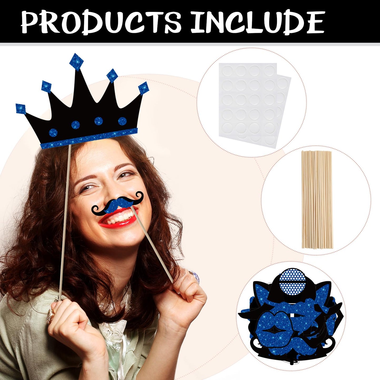 Zonon 24 Pcs Funny Photo Booth Props Class of 2026 Graduation Birthday Wedding Family Class Reunion Prom Disco Party Celebration Decoration Supplies Mix of Hats, Lipstick, Tie(Blue and Black)