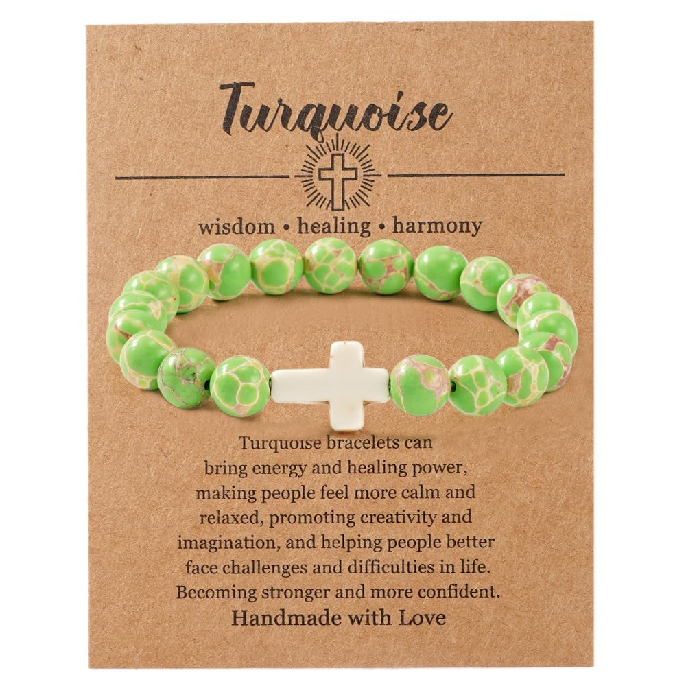 SHINUS BOHO Dainty Christian Cross Green Turquoise Gemstone Beaded Religious Cross Crystal Chakra Bracelets for Women Men Natural Worry Stone Healing Stretch Best Friends Jewelry Gift