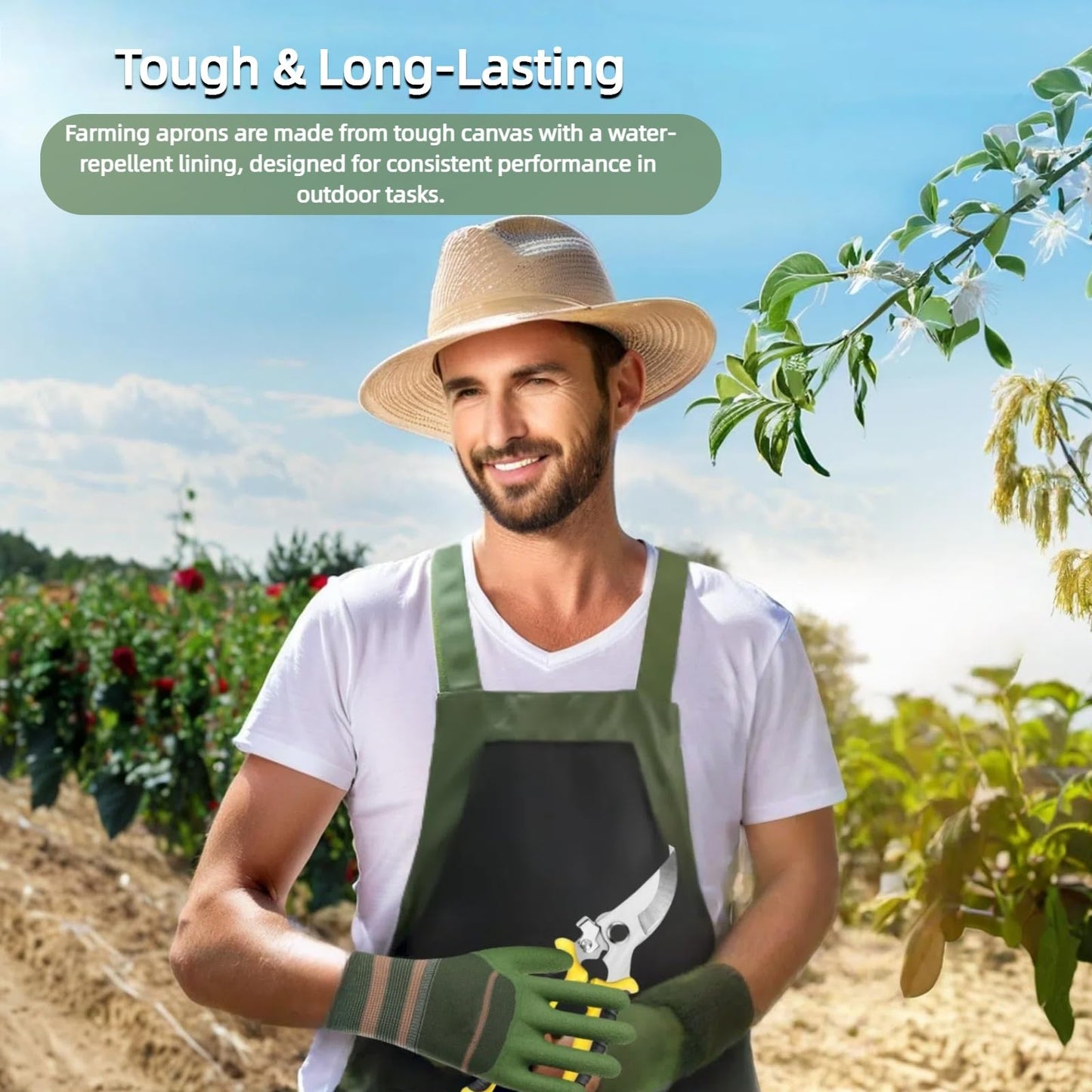 Silanit Garden Apron with Green Gloves-Adjustable Waist, Water-Repellent Gardening Apron with Pockets for Gardening and Kitchen Tasks