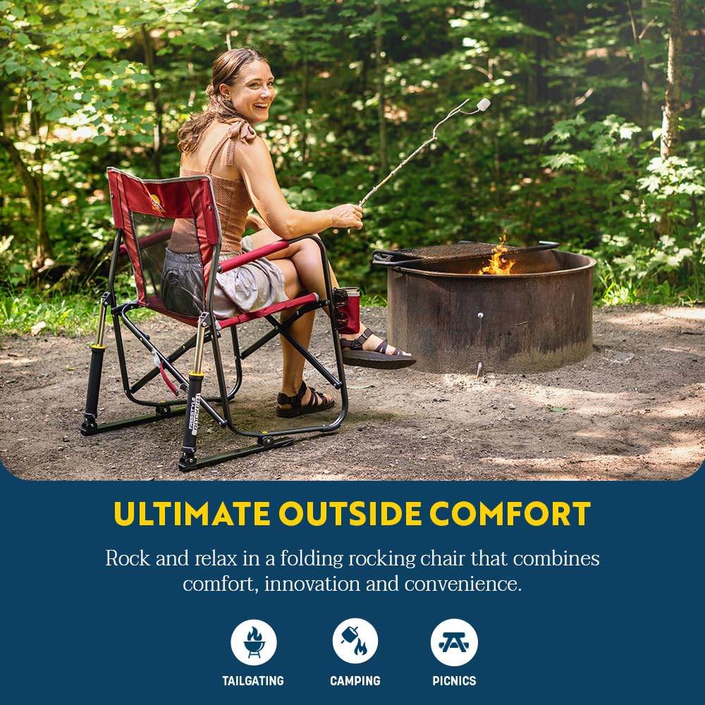 GCI Outdoor Freestyle Rocker Camping Chair | Portable Folding Rocking Chair with Solid, Durable Armrests, Drink Holder & Comfortable Backrest — Grey
