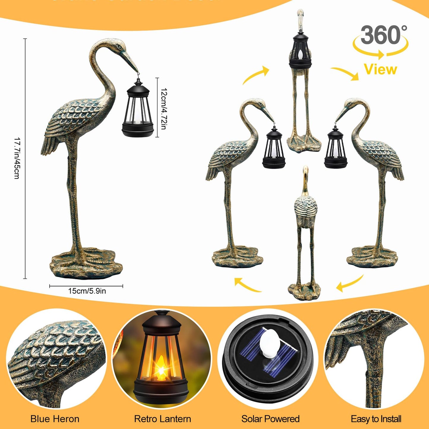 Solar Garden Statue Crane Figurine, Outdoor Hanging Solar Lanterns, 17.7 Inch Blue Heron Sculpture Statue for Patio Yard Porch, Garden Decor for Outside Birthday Gifts for Mom, Women Mother's Day