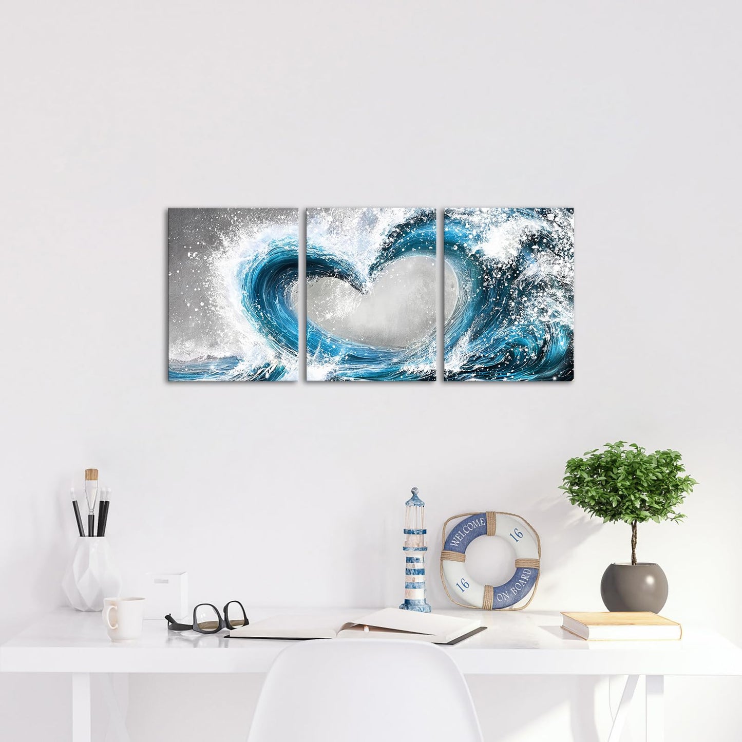 HOMEOART Bedroom Wall Art Ocean Wave Painting Love Sign Wall Decor Framed Artwork Bathroom Bedroom Living Room Decor (Blue)