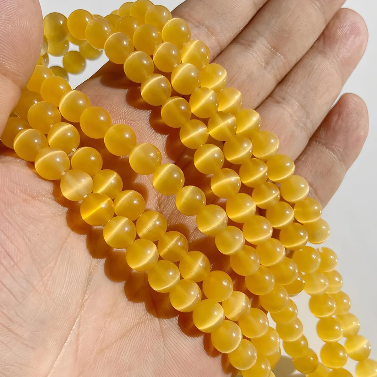 HAAMIIQII 8mm Golden Yellow Cat Eye Glass Round Crystal Stone Loose Gemstone Beads for Jewelry Making Bracelets Necklaces Earrings Crafts (45-50pcs)