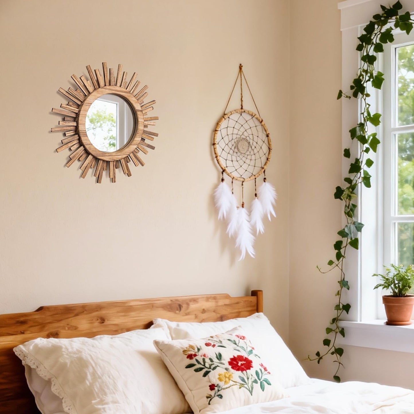 amoard 12 Inch Boho Sunburst Mirror, Round Wooden Wall Decor Starburst Sun Mirror for Bedroom, Living Room, Bathroom, Hallway, Balcony, Farmhouse Entryway, Housewarming Gift