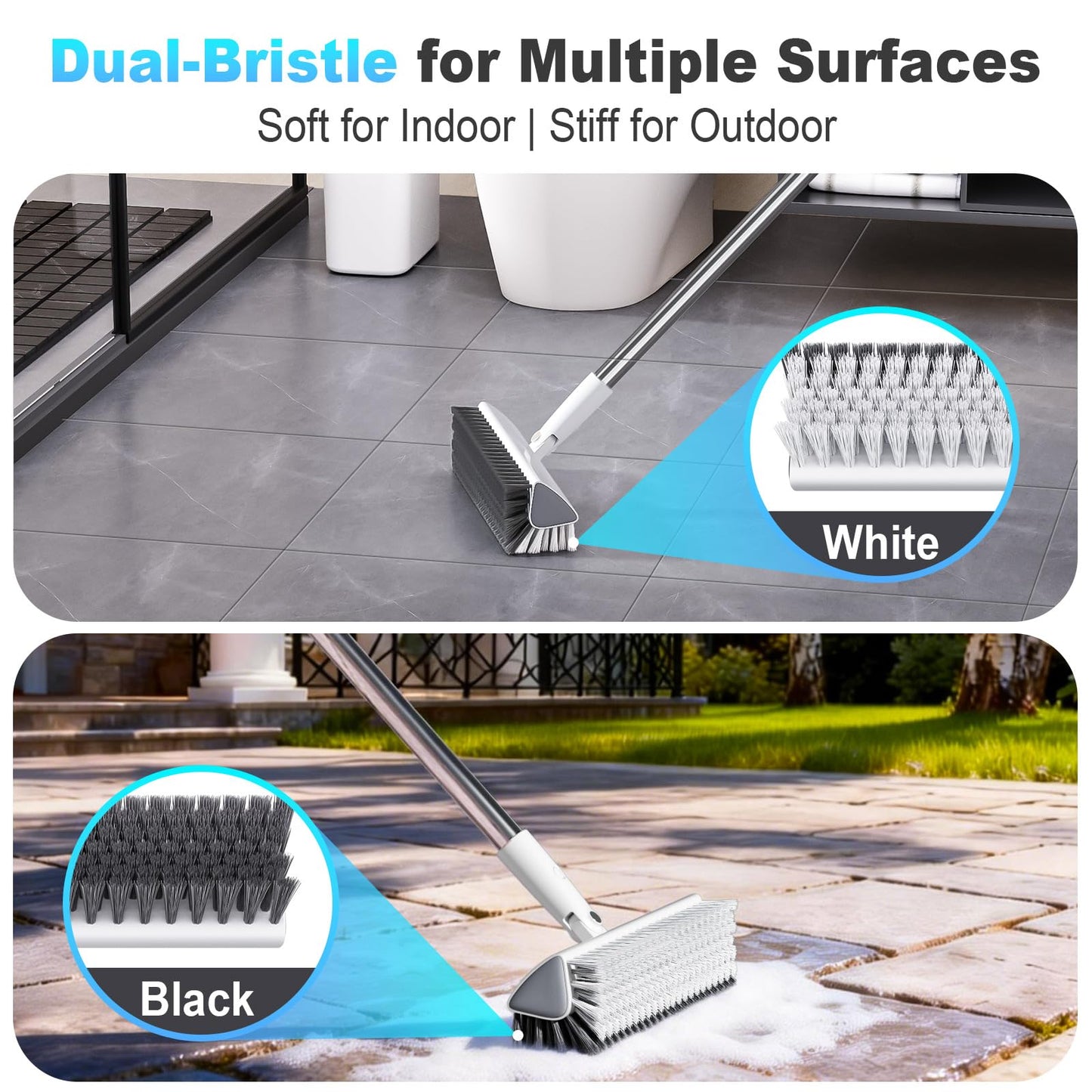 Floor Scrub Brush with Long Handle, Heavy-Duty Stiff Bristles, V-Shape Floor Scrubber Brush for Tile, Concrete & Grout Lines, Stand-Up Cleaning for Garage, Bathroom, Deck & Patio
