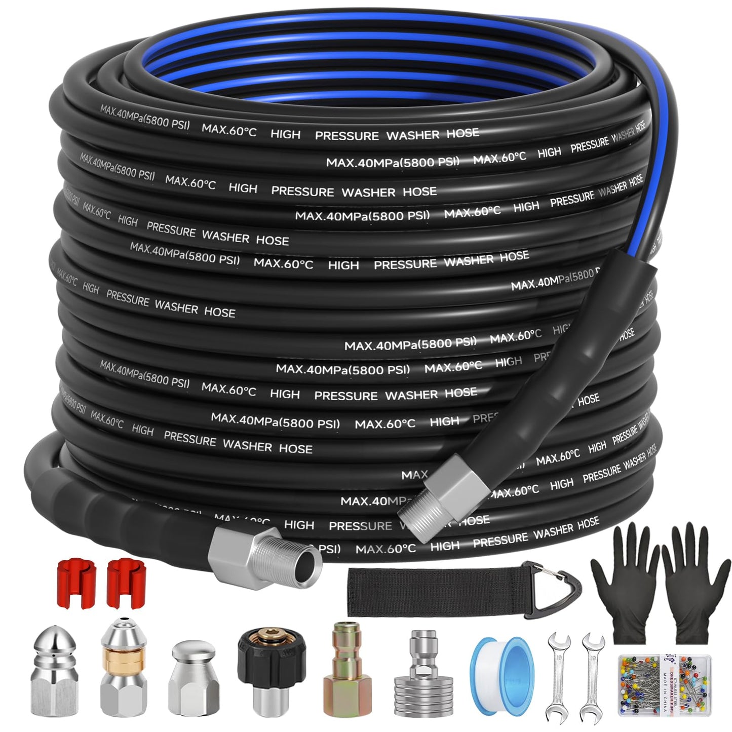 VIVIDWASH Sewer Jetter Kit for Pressure Washer(100FT),1/4" NPT Drain Cleaner Hose 5800PSI with 3 Sewer Jet Nozzles，Pearl Corsage Pin，Marking Ring,Spray Nozzle，Teflon Tape&Gloves