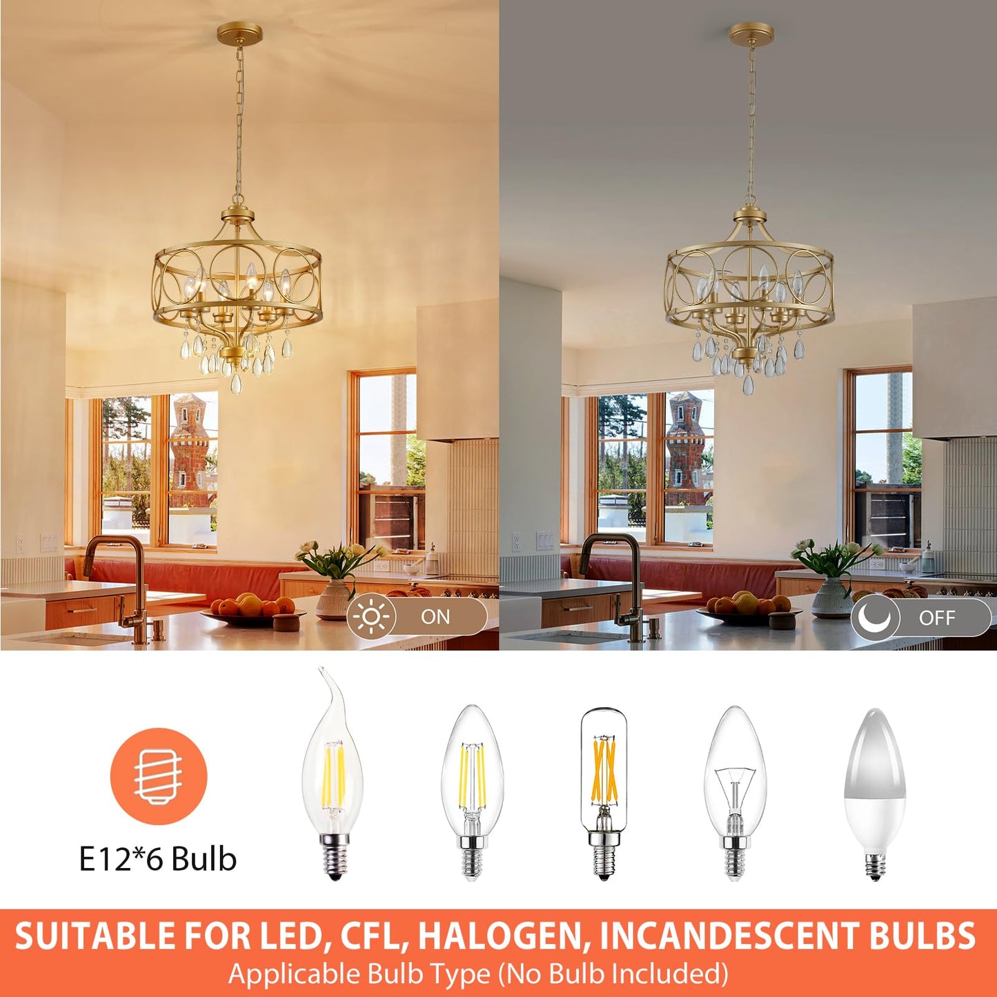Majhoiw 6-Light Modern Gold Crystal Chandelier, 17.7" Farmhouse Ceiling Light Fixture, Hanging Metal Pendant Lights Kitchen Island Dining Room Entryway Foyer