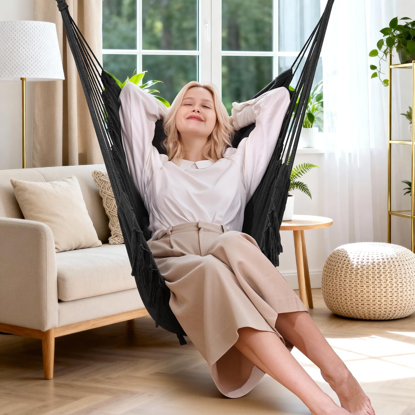 Y- STOP Hammock Chair Hanging Rope Swing, Max 500 Lbs, 2 Cushions Included, Large Macrame Hanging Chair with Pocket, Cotton Weave for Superior Comfort, Durability (Dark Grey)