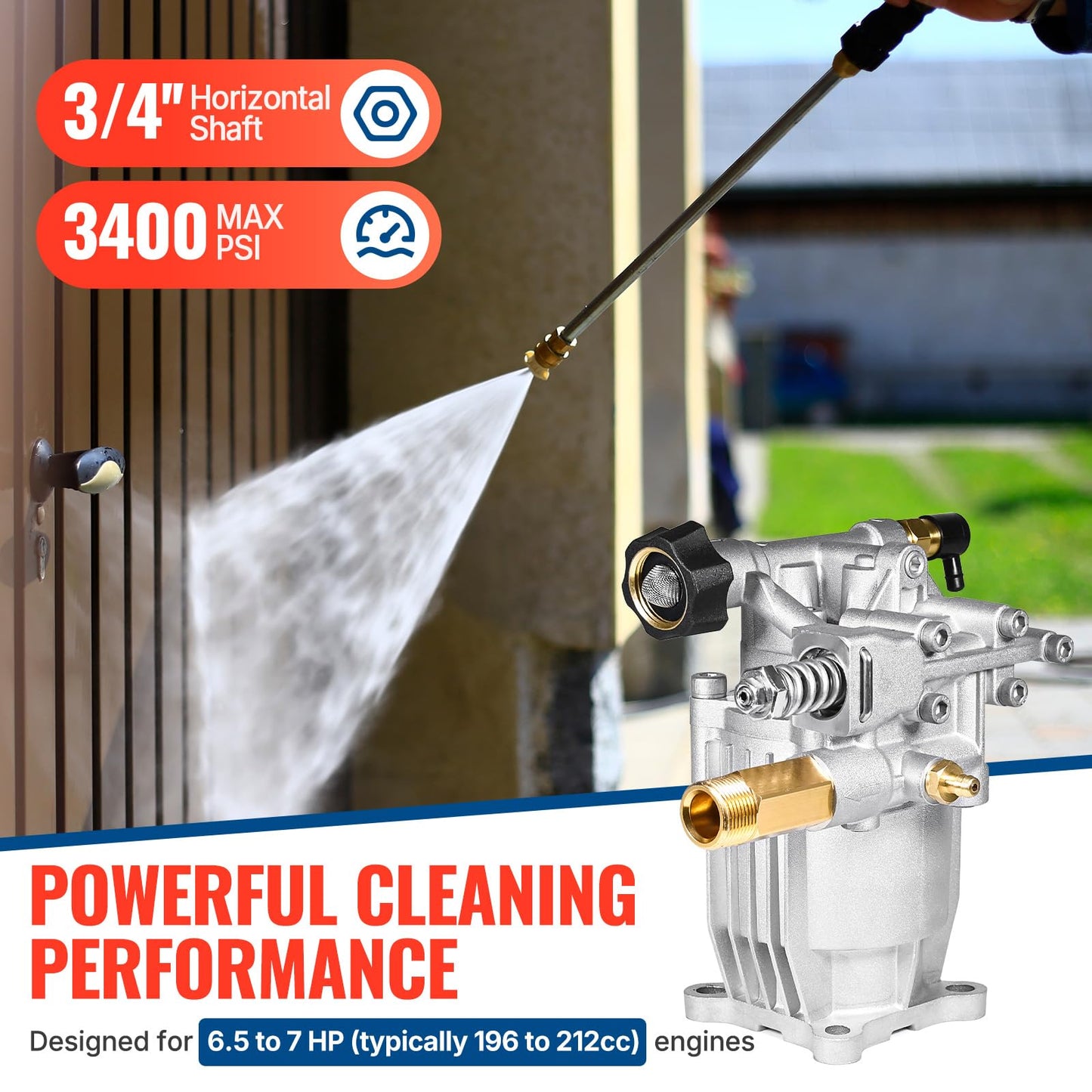 YAMATIC 3/4" Shaft Horizontal Pressure Washer Pump 3400 PSI 2.5 GPM Replacement Pump for Power Washer Compatible with Homelite, Troybilt, Simpson, Karcher, Honda GC160 GC190, AR RMV 2.5G30